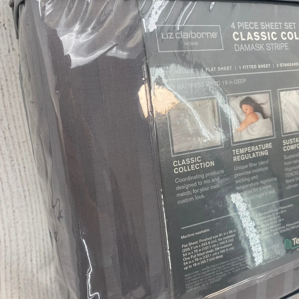 Liz Claiborne Sheet Set Full Techno Gray Damask Stripe Deep Pocket Minimalist